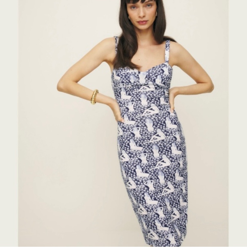 🆕 Reformation Beyonca Navy and White Midi Dress